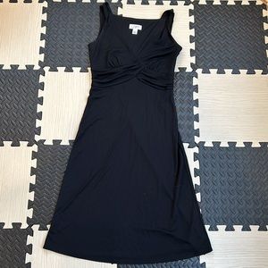 ANN TAYLOR LOFT BLACK LOW V-NECK EMPIRE WAIST MIDI DRESS FIT & FLARE